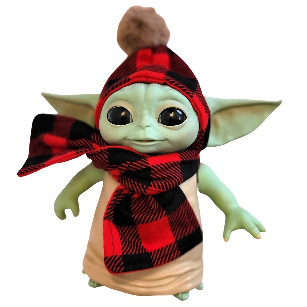 Buffalo Plaid Hat +Scarf for 7.5" Grogu Baby Yoda talking Hasbro dolls Red Black